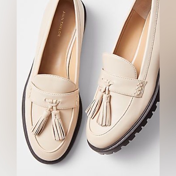 Beige Leather Tassel Loafers - Picture 1 of 9